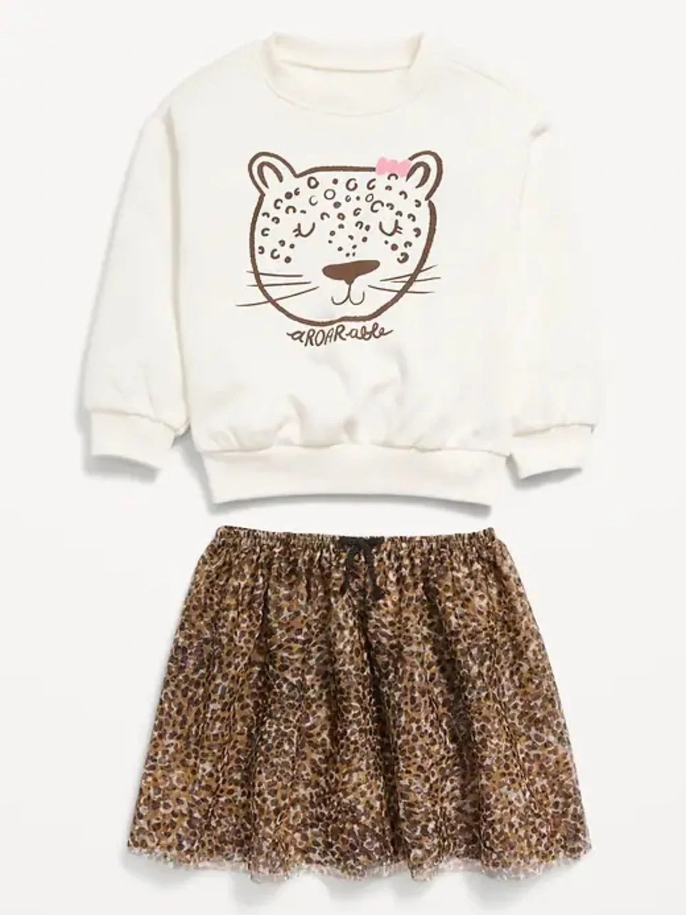 Old Navy White Sweatshirt with Pink Bow & Leopard Print Skirt Set